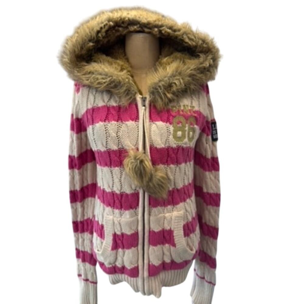 "PINK" RARE! Y2K Zip Up Hooded Faux Fur Lined Sweater SZ L 1986 Tween PLZ READ!!